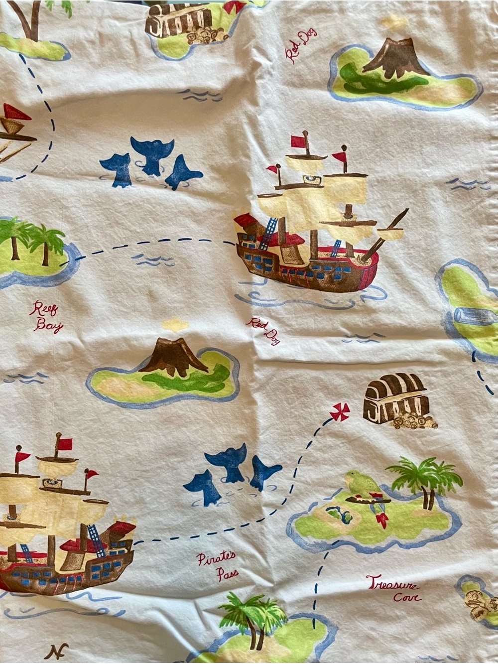 Pottery Barn Kids Pirate Map Cotton Pillowcase Blue Background- Blue, Green, Red
